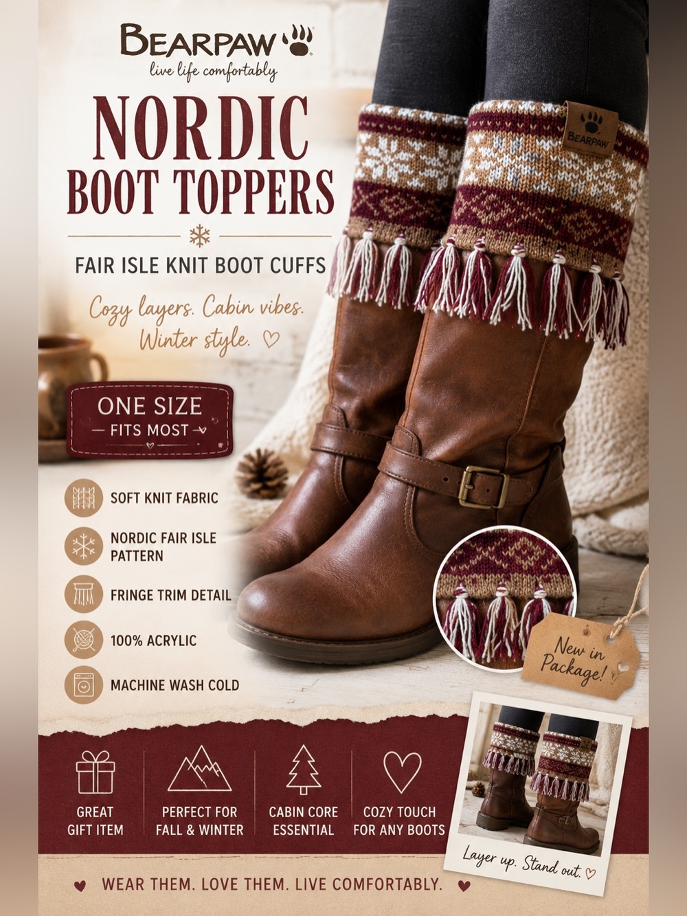Bearpaw Nordic Fair Isle Boot Cuffs Boot Toppers Fringe Cozy Winter OS NWT